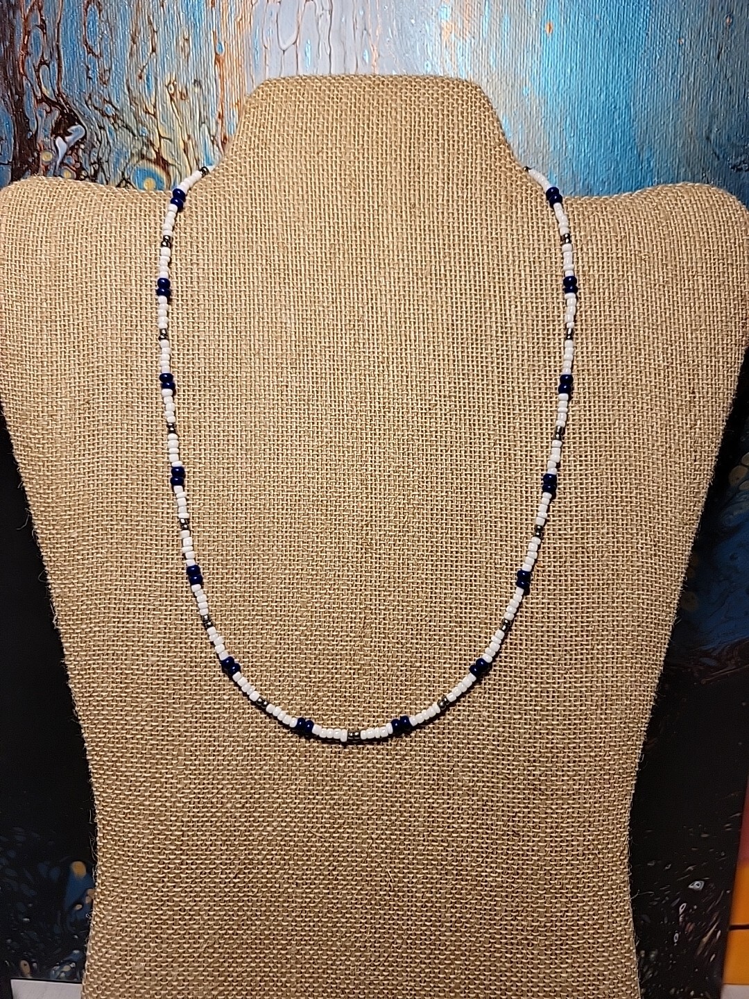 Royal Blue, White & Silver Surfer Summer Boho Beaded Necklace Choker Beach