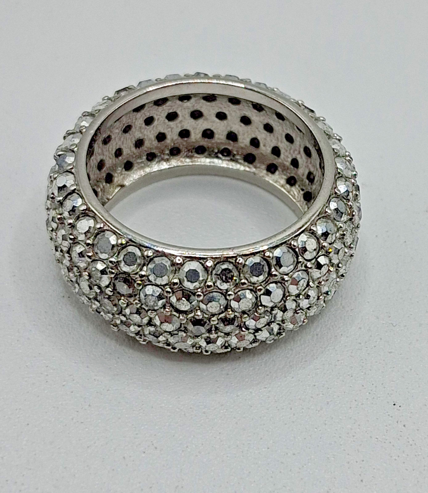 Joan Boyce Silver Tone Ring Metallic Silver Rhinestones 10mm Wide Size 6.75