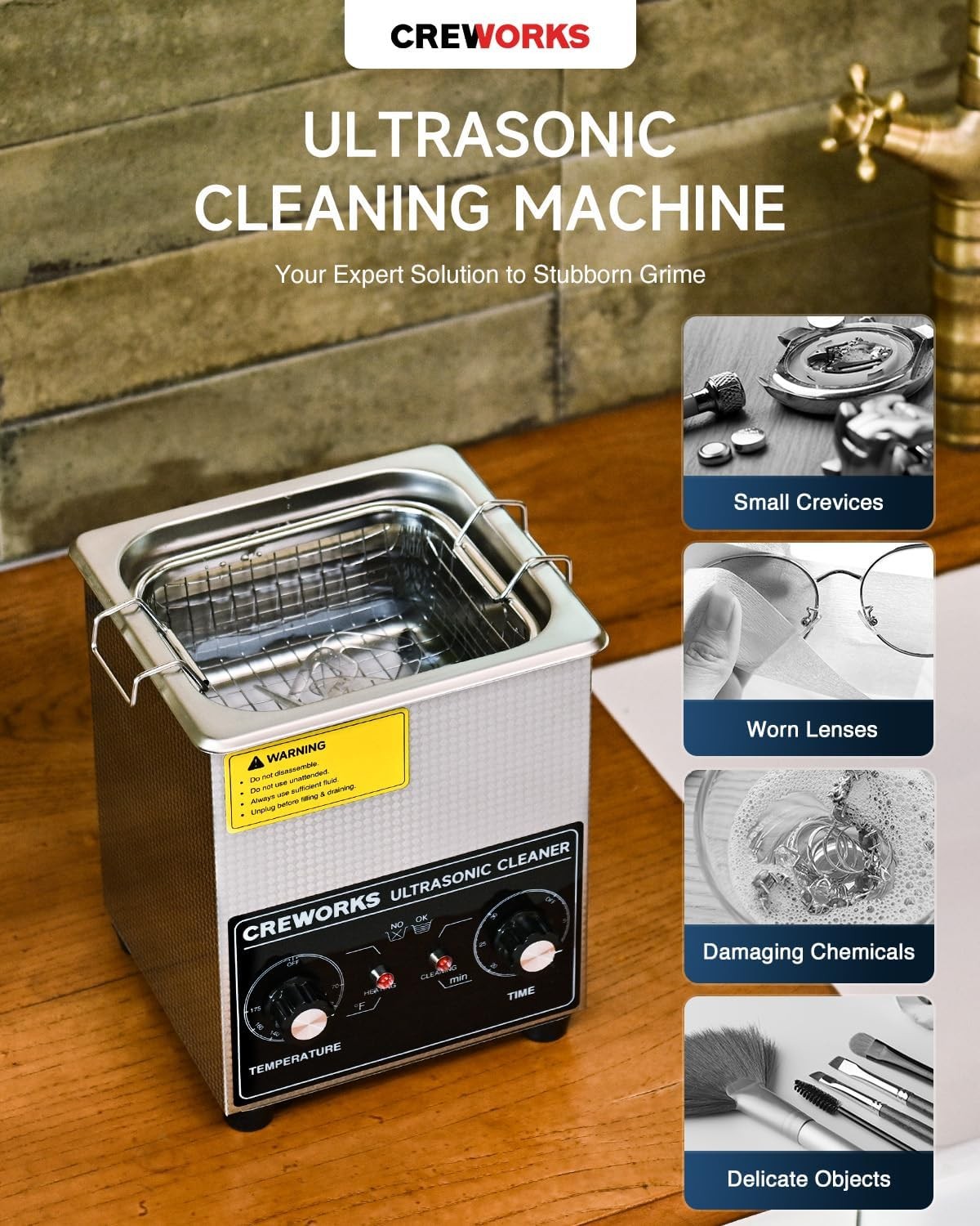 CREWORKS Ultrasonic Cleaner with Heater Timer, 1/2 Gallon Stainless Steel 60…