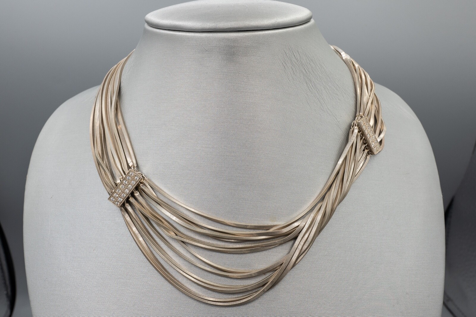 M & J Savitt Sterling Silver Rhinestone 12 Strand Chocker Necklace 15 1/2″ Long