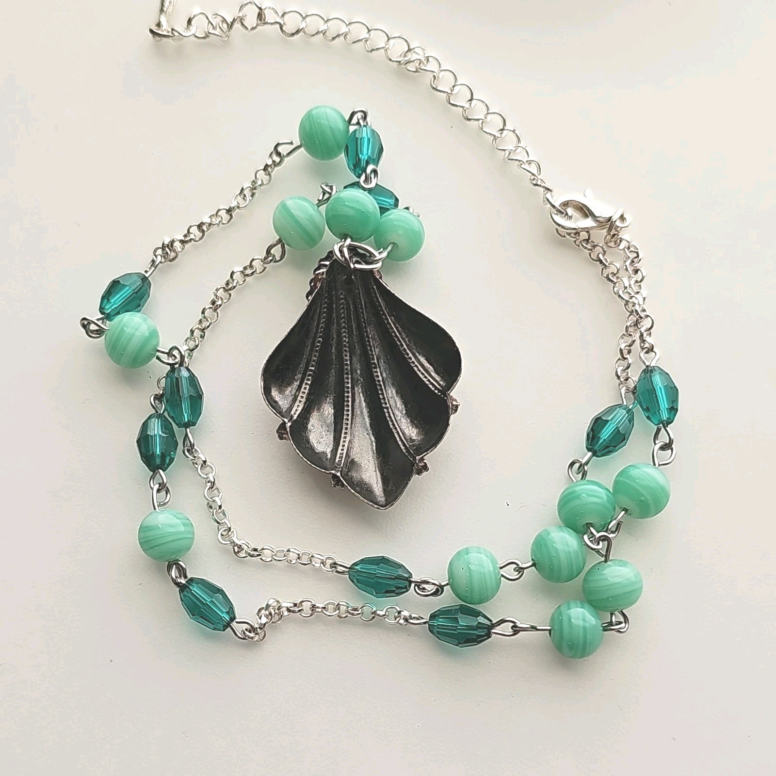 Assemblage Necklace Vintage Czech Glass Beads Malachite Cab Pendant Silver Tone