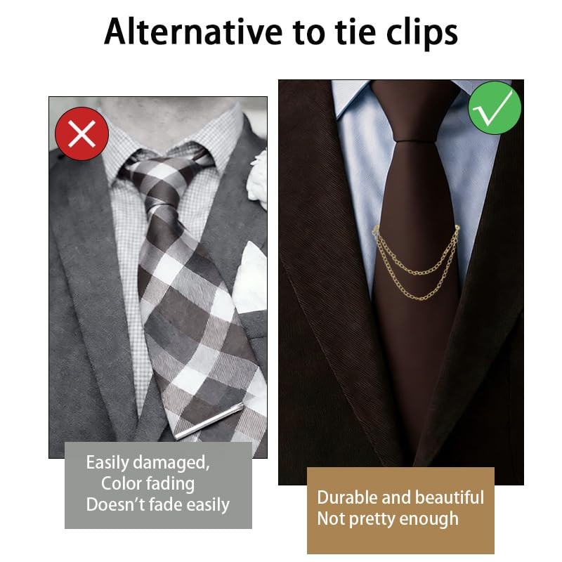 3 Pcs Tie Clips for Men, Tie Chain with Ring Clasps, Gold Silver Black Neckti…