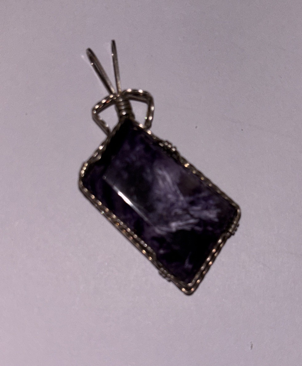 Charoite Stone 1.5” Pendant Asymmetrical Wire Wrap Purple With Silver Tone