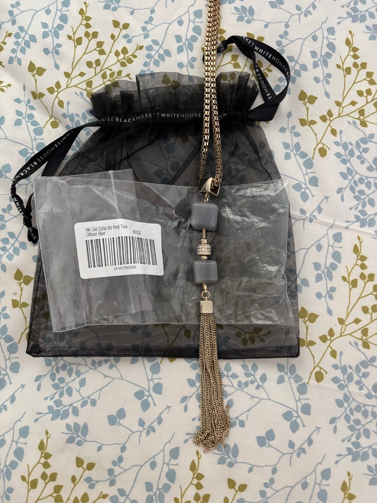 30″ White House Black Market Crystal/Gray Agate Gold-T Box Chain Tassel Necklace