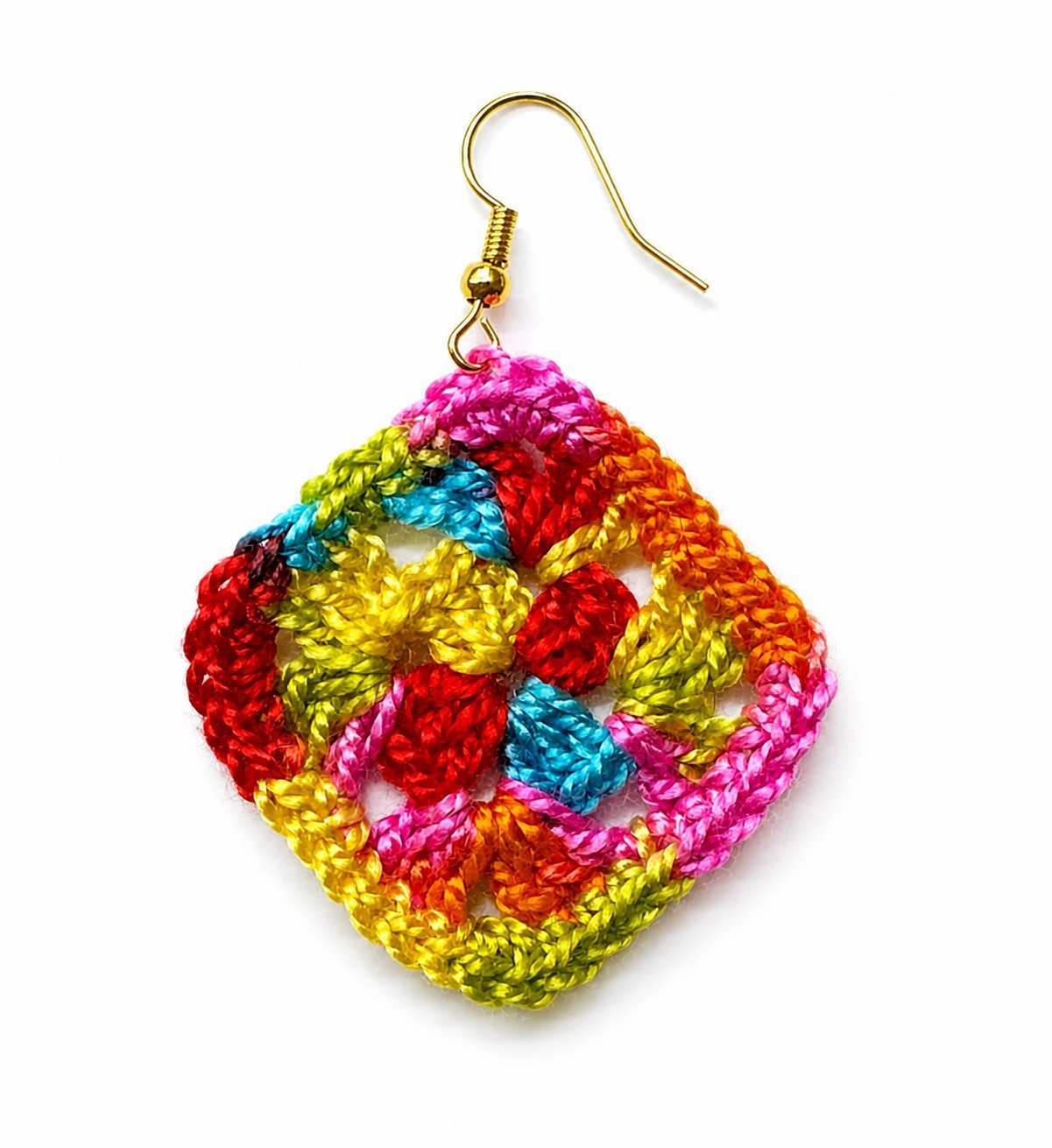 Handmade Crochet Granny Square Earrings Colorful Boho Lightweight Dangle Gift