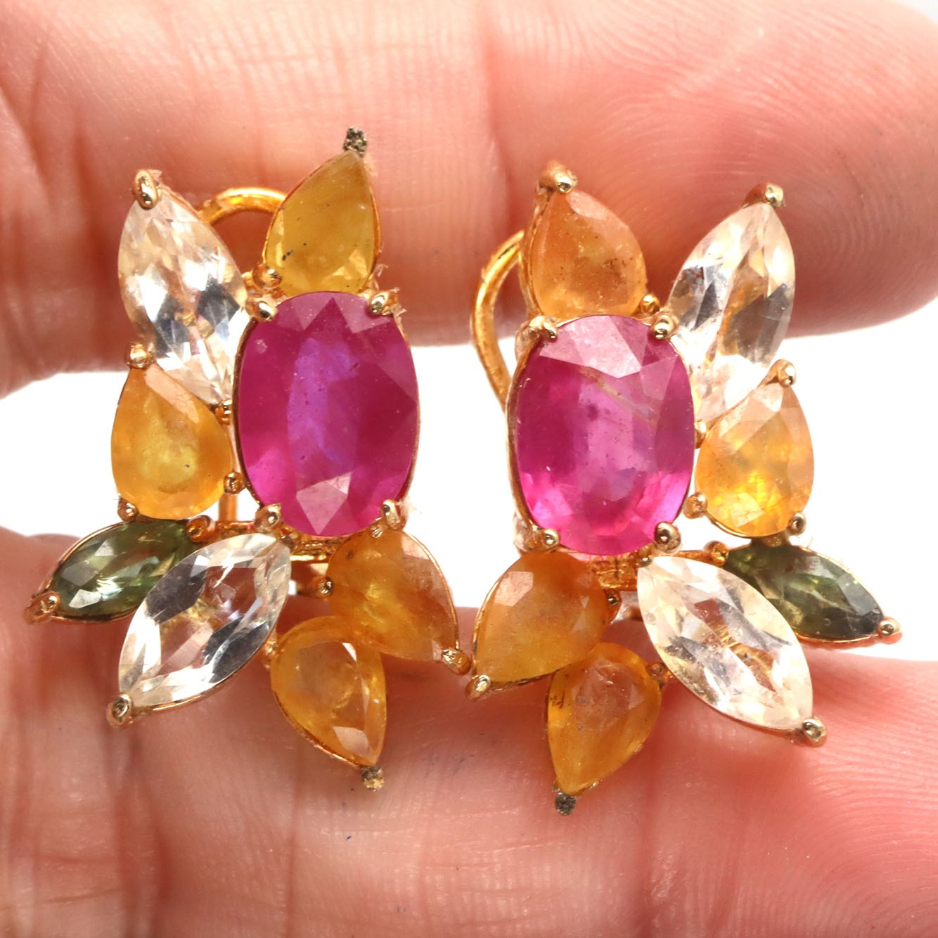 Thai Handmade 7 x 10 mm. Pink Ruby, Topaz & Sapphire Earrings