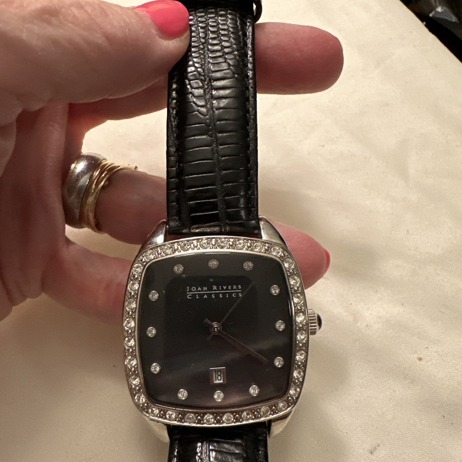 Vtg Joan Rivers Watch V377 Classics Black Leather Band New Battery Square Face
