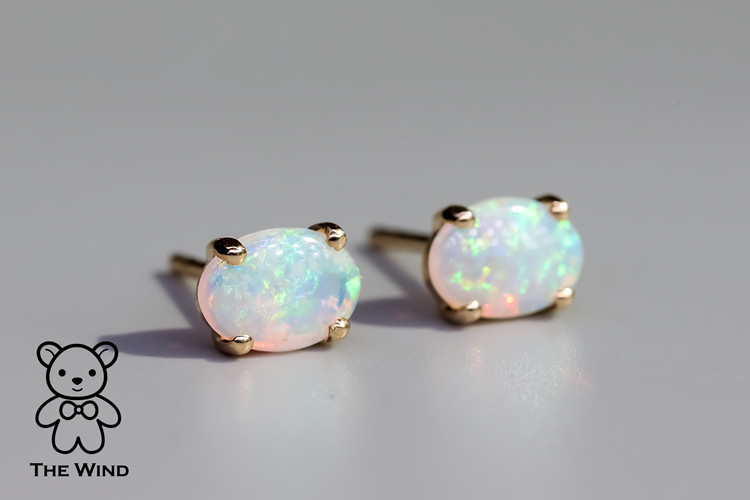 Oval Natural Australian Crystal Solid Opal Stud Earrings in 14k Yellow Gold
