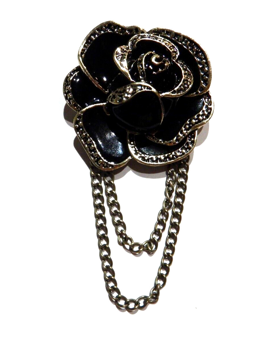 BLACK ROSE & CHAINS CHATELAINE BROOCH brass/gold flower pin gothic dark H2