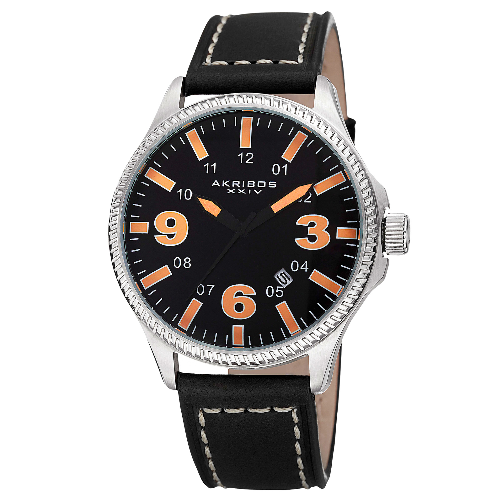 New Men’s Akribos XXIV AK833OR Easy-to-Read Quartz Date Black Leather Watch