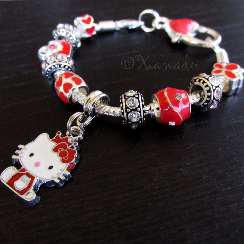 Red Hello Kitty Princess European Charm Bracelet With Ruby Red Rhinestone Beads