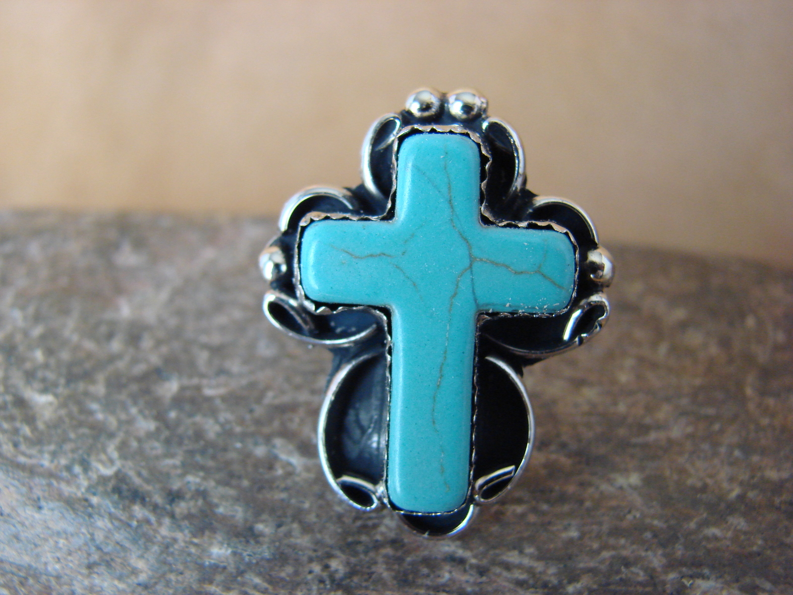 Native American Nickle Silver Turquoise Cross Ring Size 7 1/2 by Phoebe Tolta