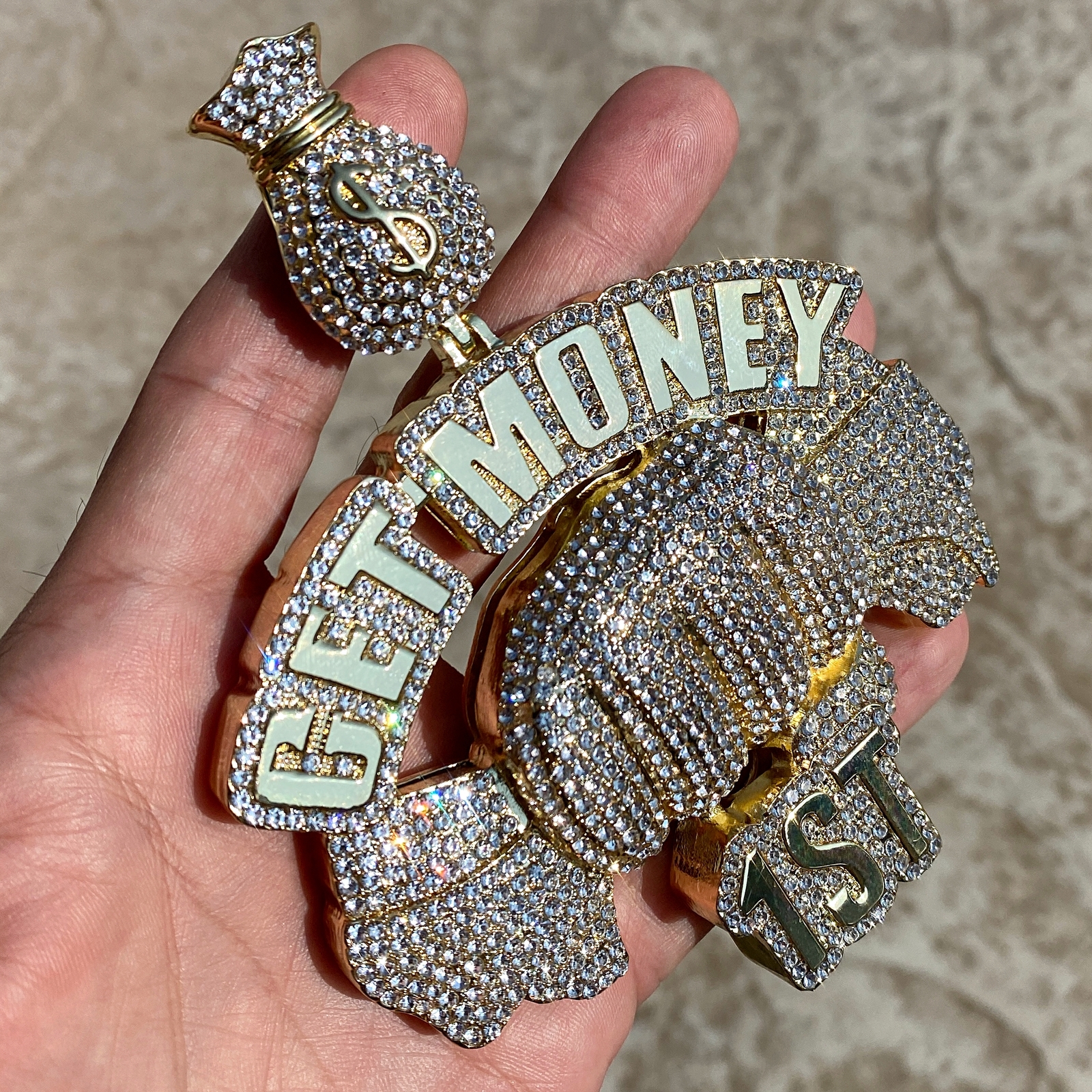 14K Gold Plated “Get Money 1st” Cash Fist Pendant Iced Bling Out Simulated CZ