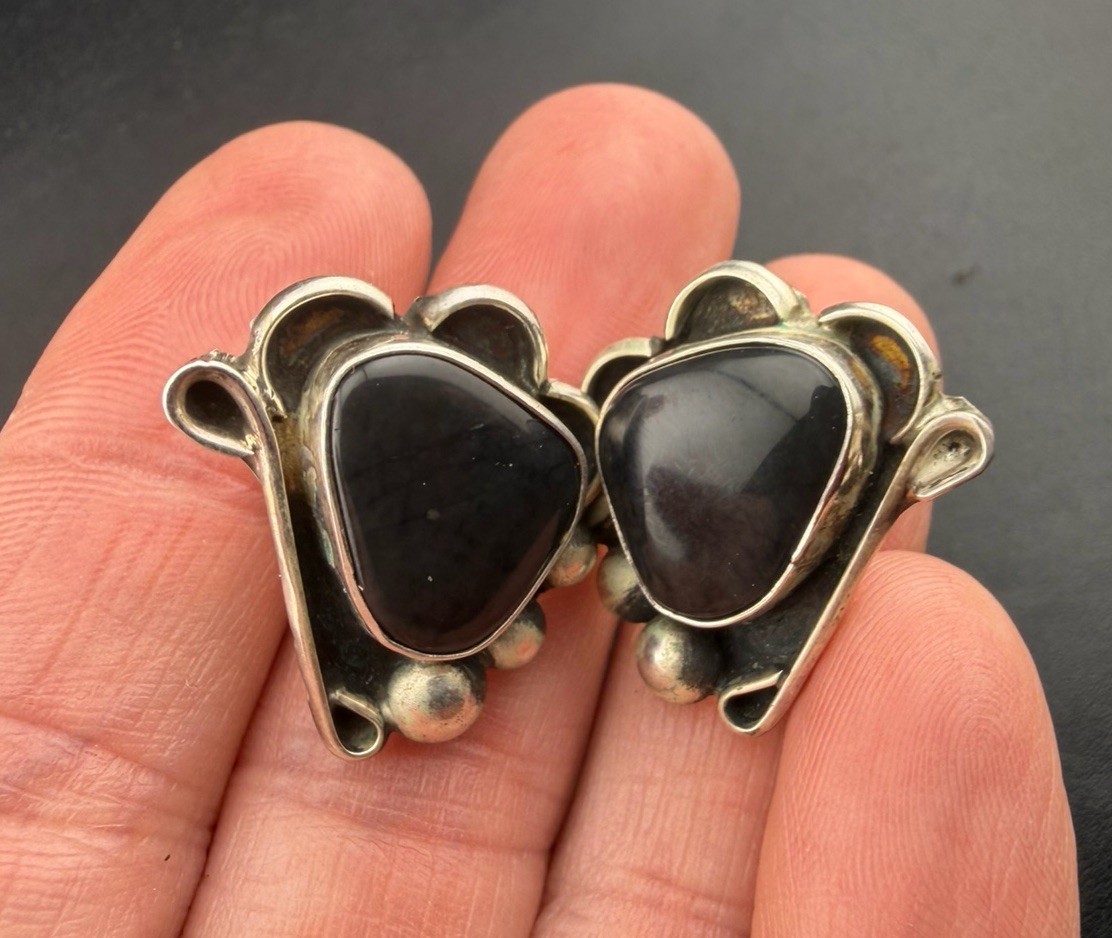 WS Sterling Silver Black Onyx Modernist Stud Earrings 11.7g Signed