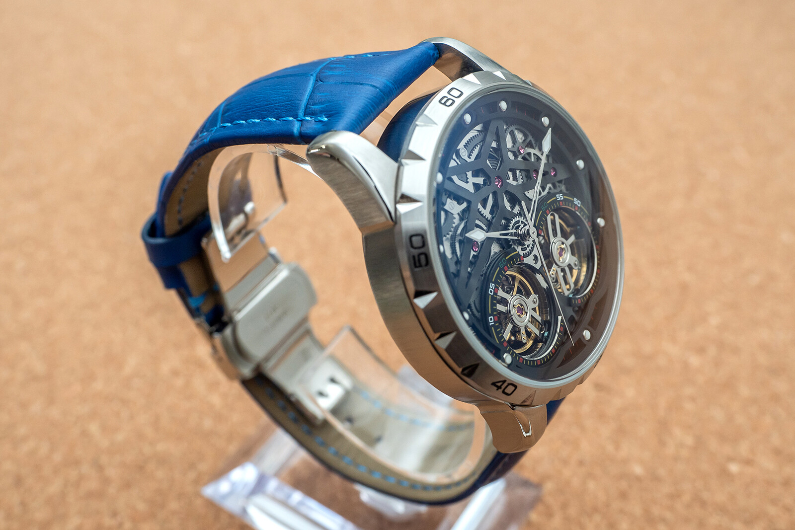 Mens Silver Double Flywheel Skeleton Automatic Mechanical Watch Blue Leather