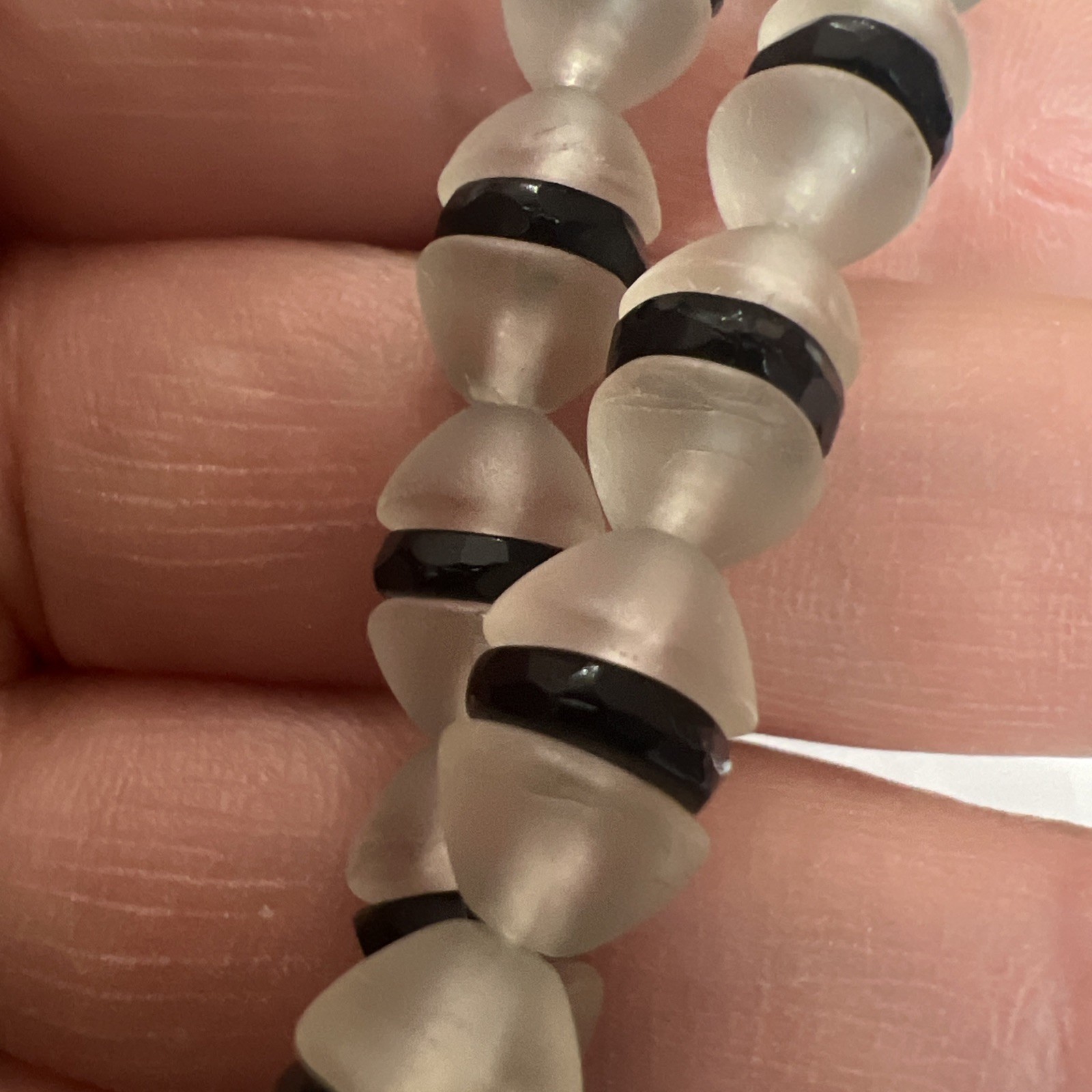Art Deco Czech Frosted Opaque Glass & Jet Black Rondelle Bead Necklace 40”