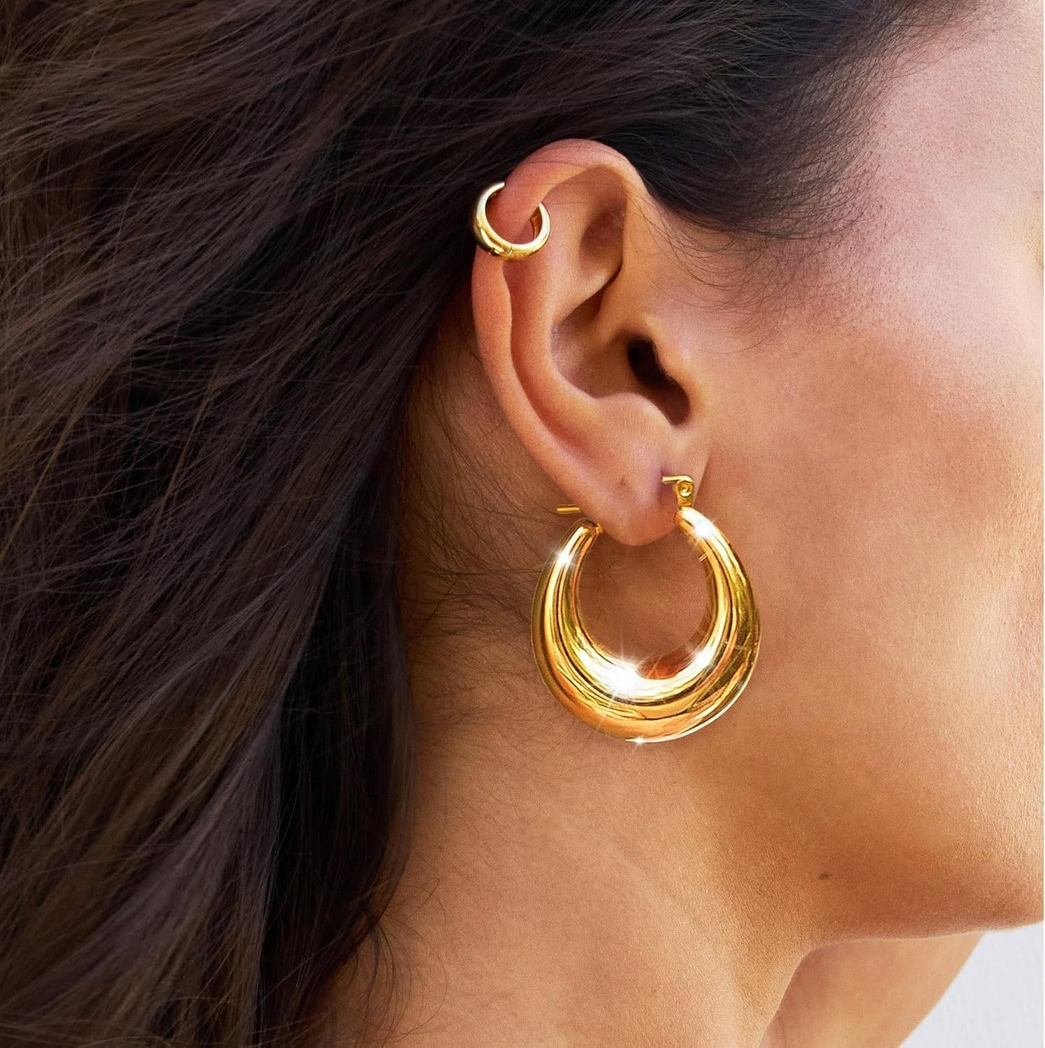 Chunky Gold Hoop Earrings for Women Non Tarnish, 14K Gold Plated Thick Triple Ho