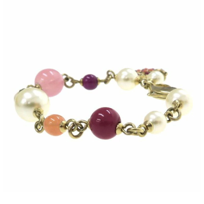 CHANEL CC Logo Multicolor Stone Pearl Bracelet 6.5″ Gold Tone 12P Auth #6767F