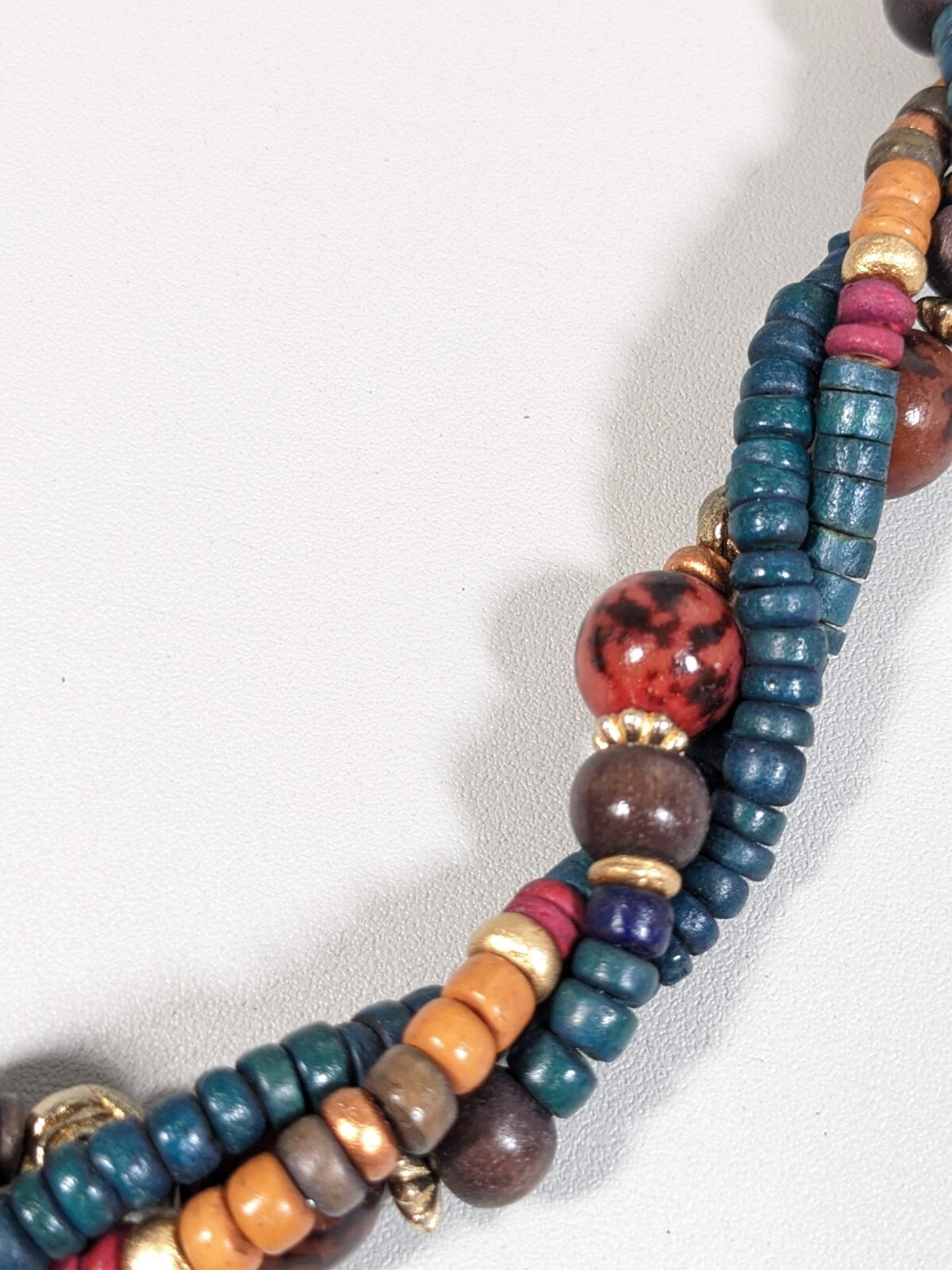 Vintage Gold Tone Green Blue Brown Wood Twist Necklace 24 inches