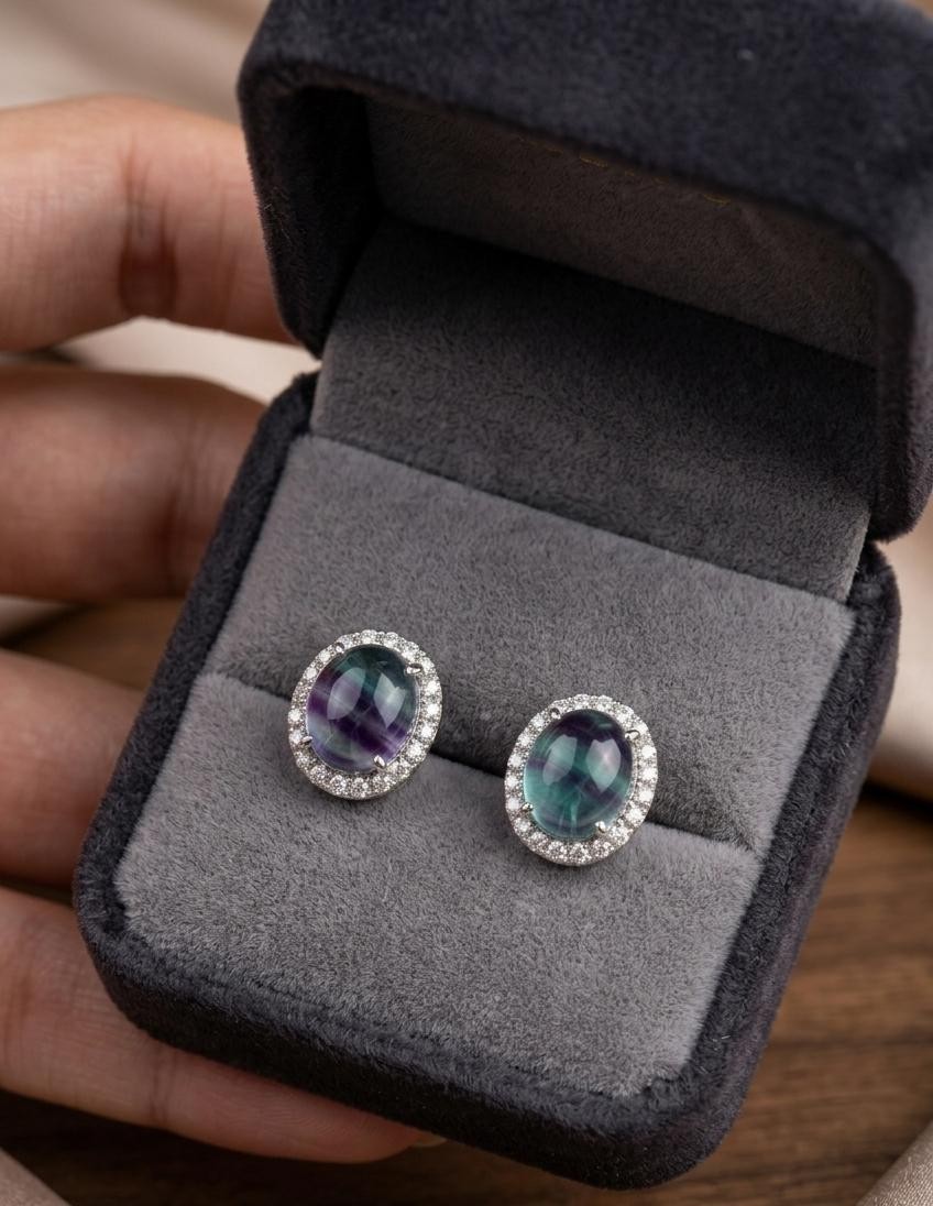 Natural Fluorite Stud Earrings 925 Sterling Silver Gift For her Women