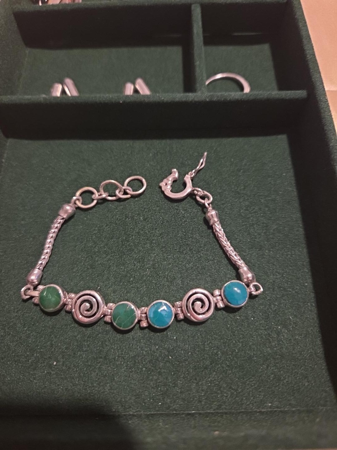 Vintage Peruvian 950 Silver Artisan Bracelet Blue Green 8mm Gemstones 14g