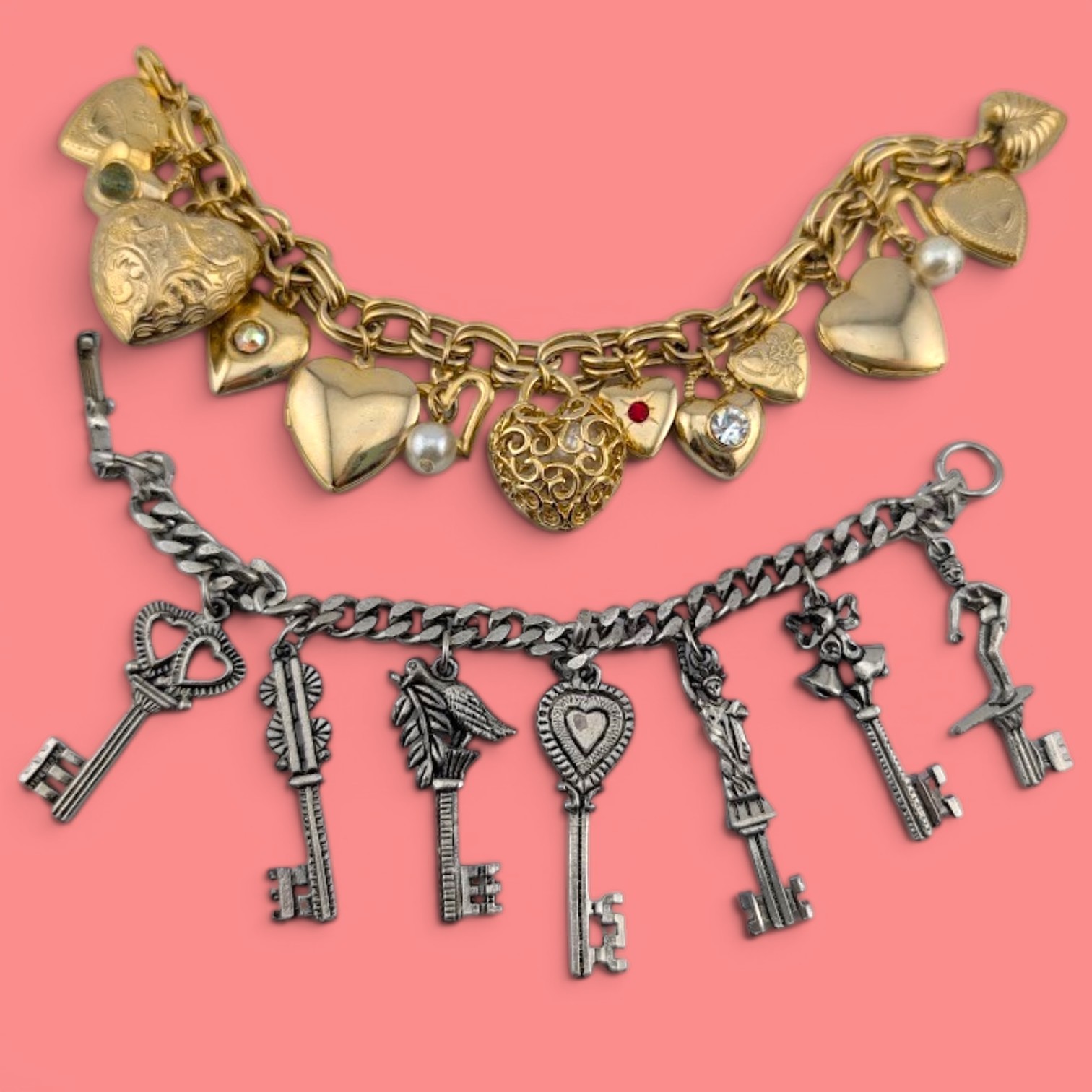 CHARM BRACELET LOT 7″ goldtone heart & locket, 6.25″ vintage silvertone key B1