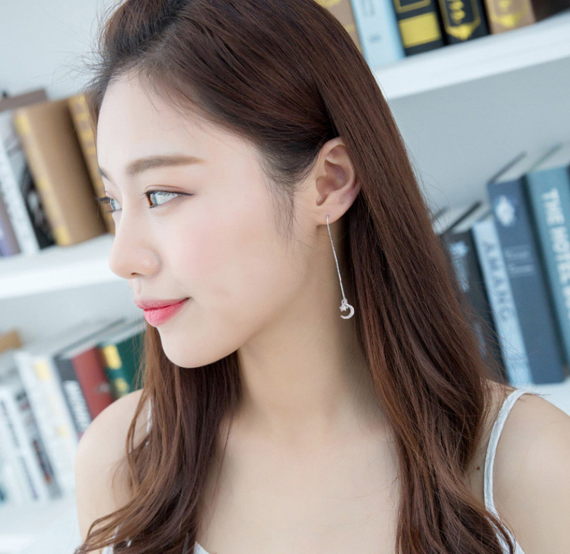 925 Silver Crescent Moon Star CZ Ear Thread Through Threader Pull Earrings PE2