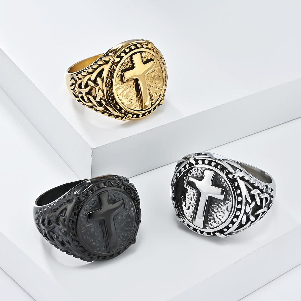 Mens Celtic Knot Cross Signet Ring Gothic Stainless Steel Biker Band Boy Jewelry
