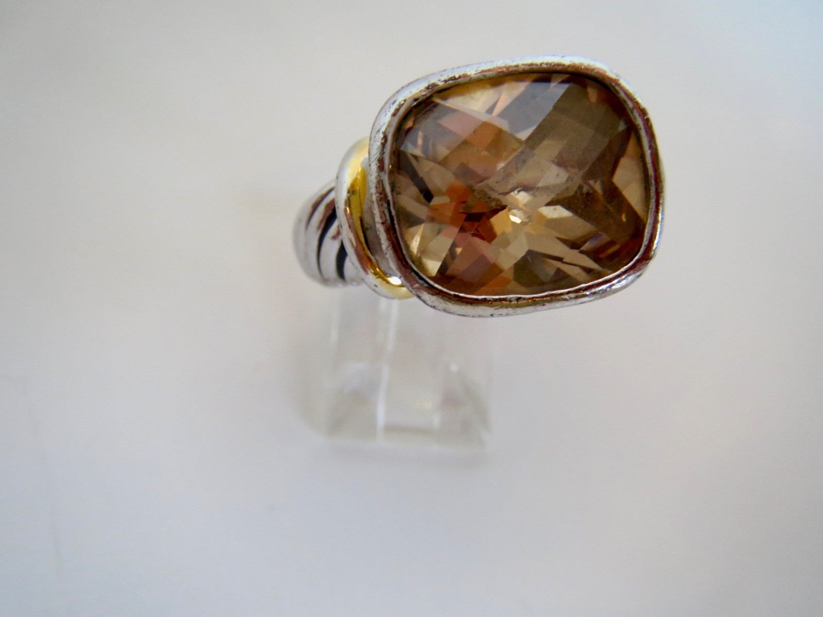18K HG Electroplate Silver Twisted Cable Faceted Quartz RING Size 8 Two-Tone