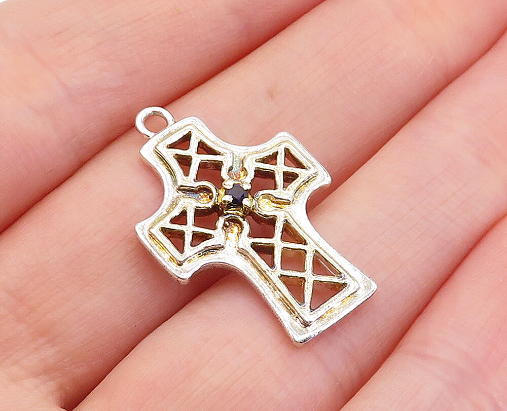 925 Sterling Silver Vintage Sapphire Shiny Religious Cross Pendant PT3668