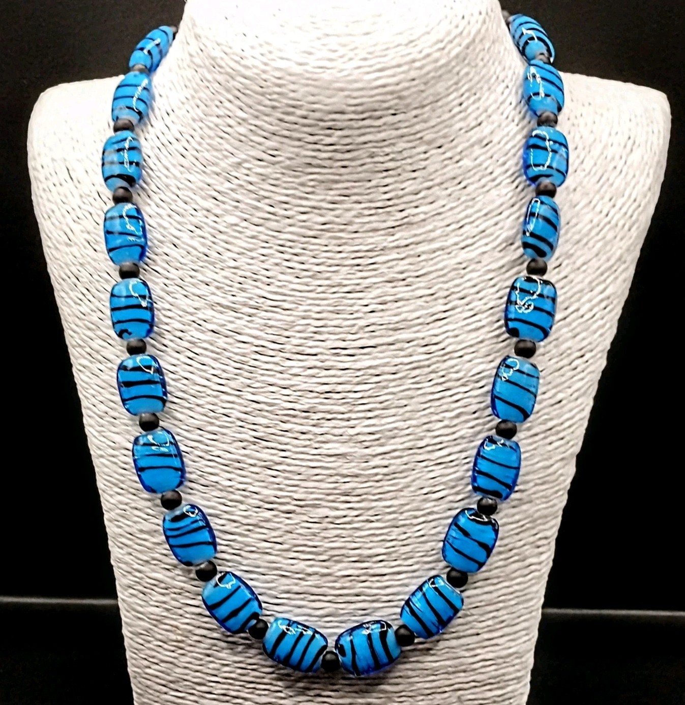 Azure Bright Blue Black Humbug Necklace Glass Stripe Chunky Statement Bohemian