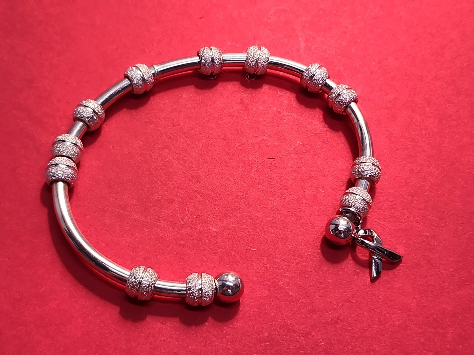 Vintage 925 Beaded Open Cuff Bangle Bracelet With Ribbon Charm 15.42 G