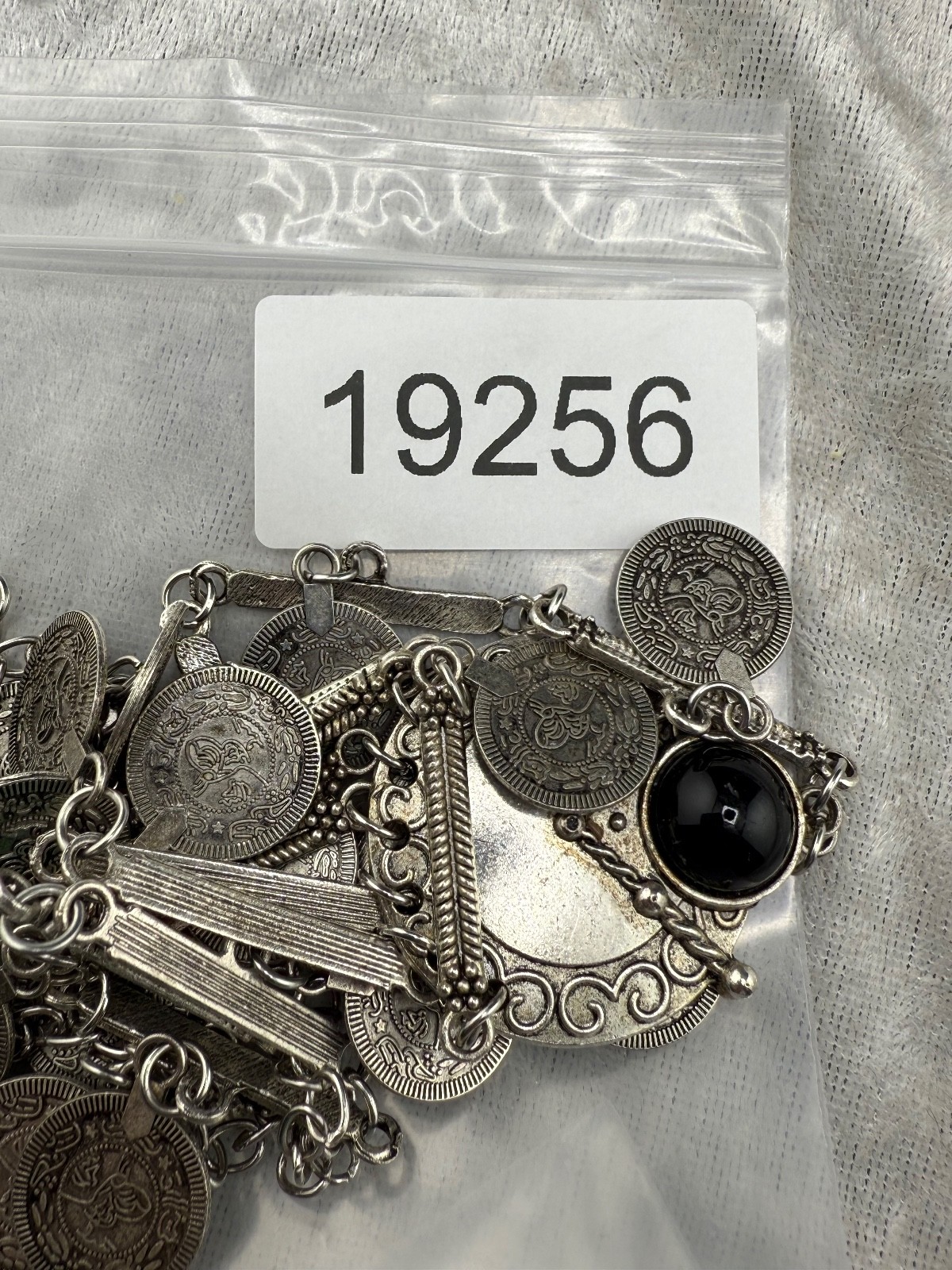 Faux Coin Necklace Silver Tone Fringe 24”