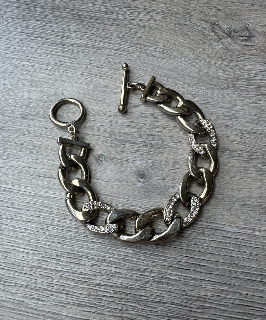 Chunky Silver Gold Tone Link Chain Bracelet Rhinestone Accent Toggle Clasp VS