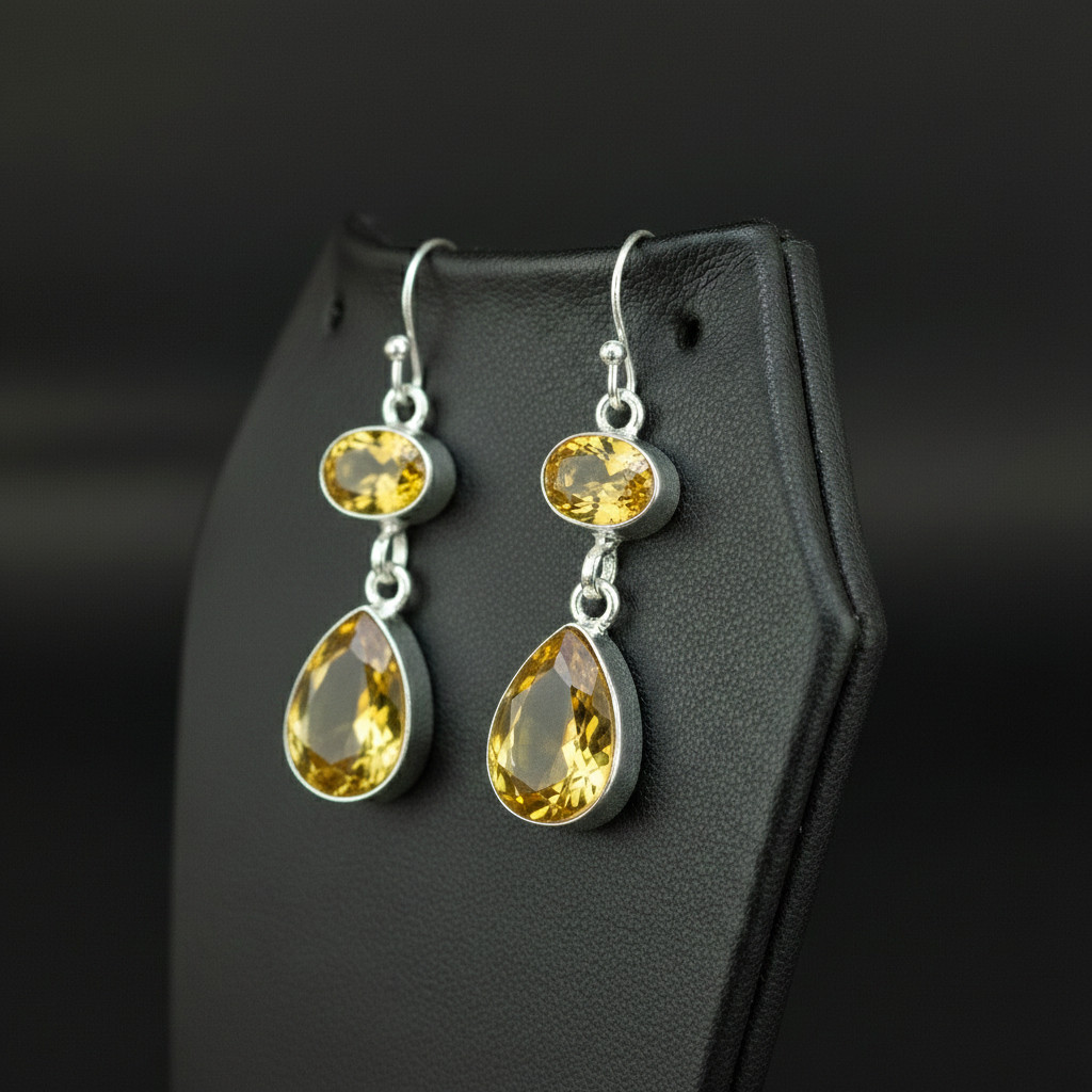 Citrine Gemstone 925 sterling silver handmade Dangle Drop Earrings 1.90″