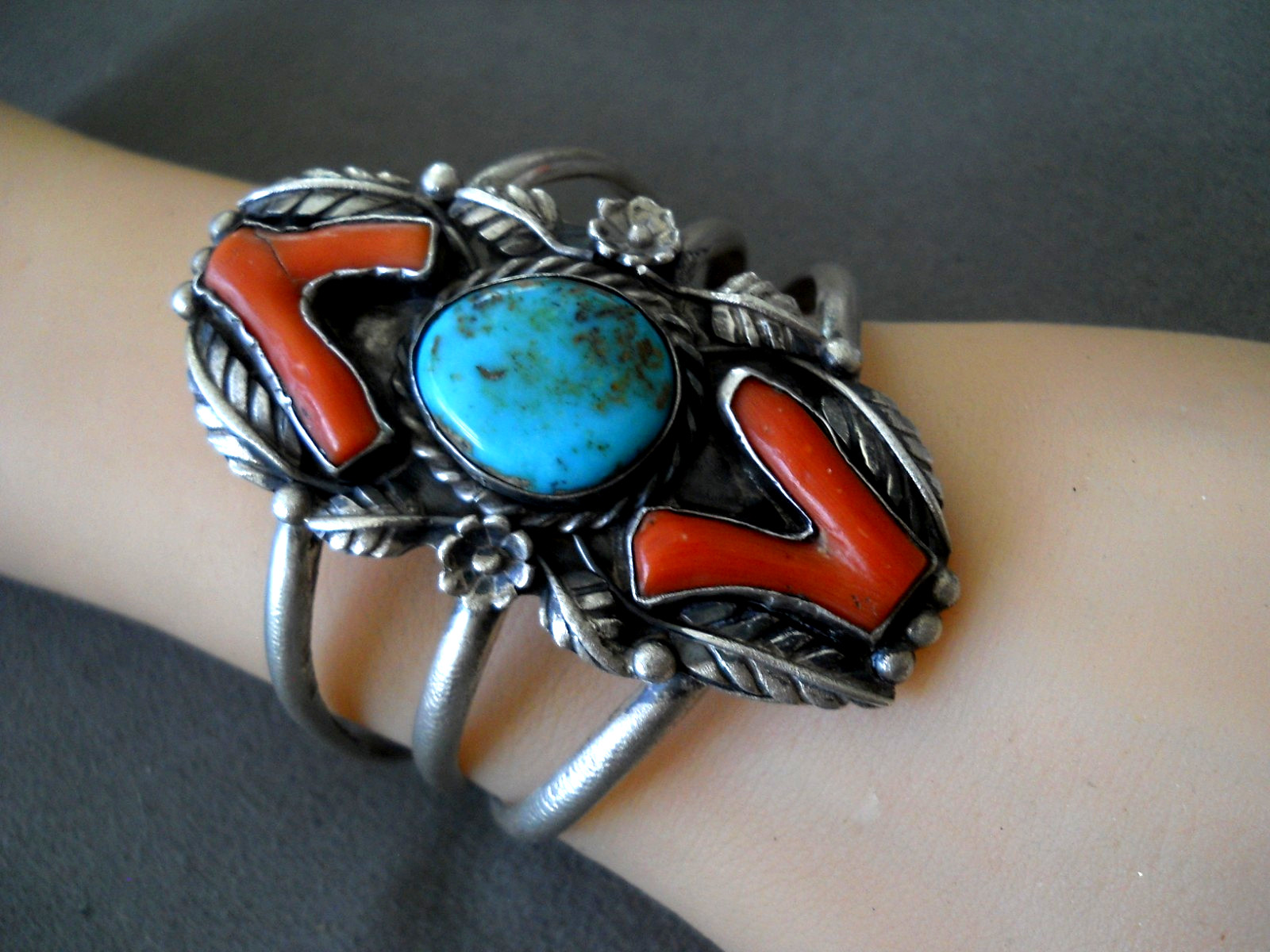 Native American Navajo Rich Blue Turquoise Branch Coral Sterling Silver Bracelet