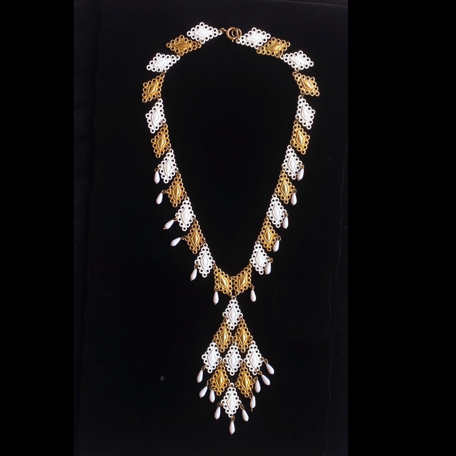 Vintage 60s 70s gold white pendant necklace filigree statement mid century mcm