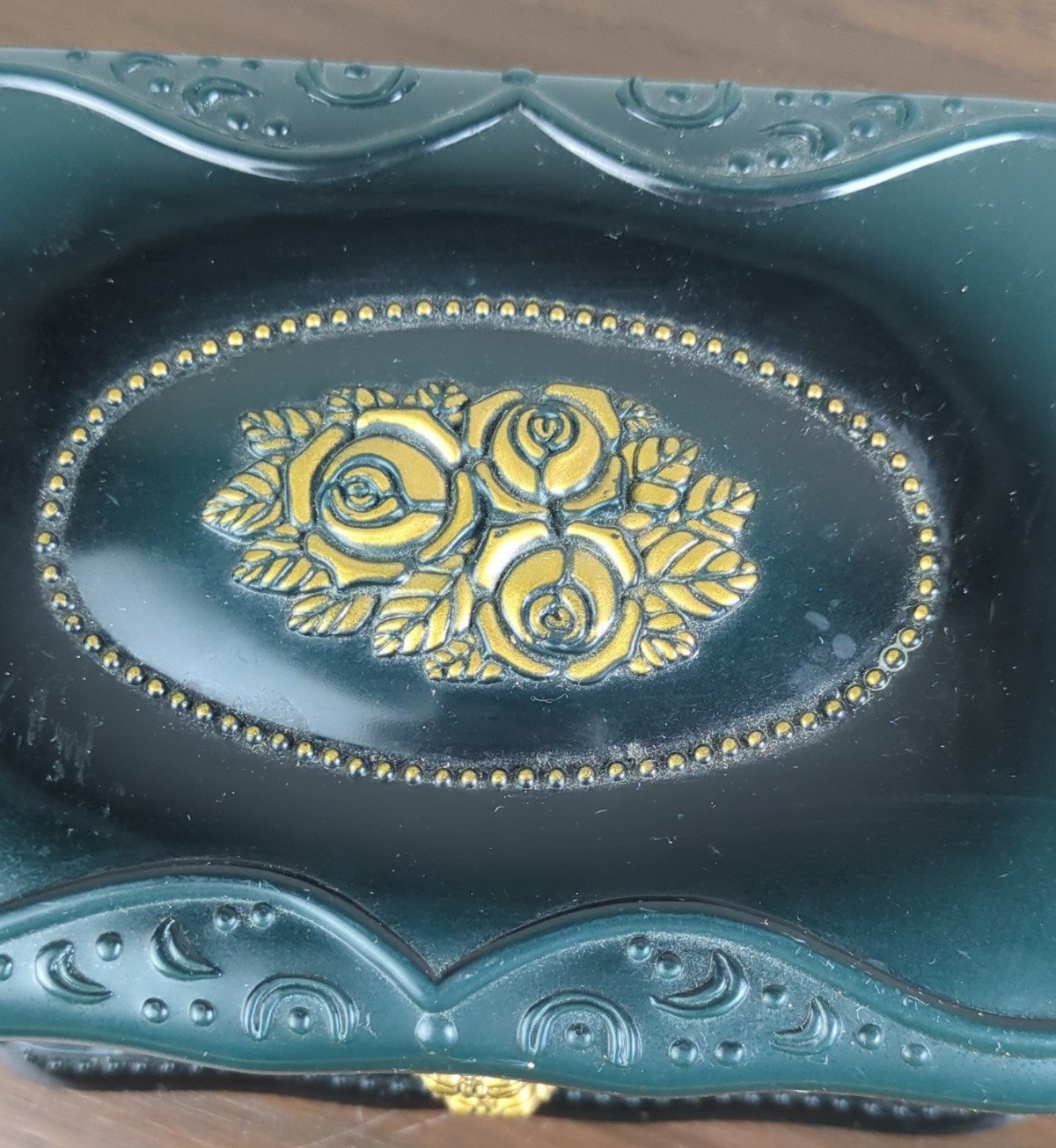 Plastic Table Top Dresser Drawer Jewelry Box Dark Green Gold Florals Paisley Fab