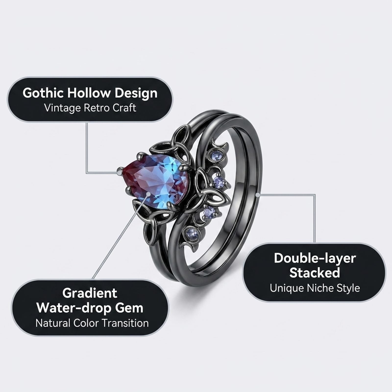 2 Pcs Vintage Rings for Women Goth Black Plated Matching Rings Set Colorful C…