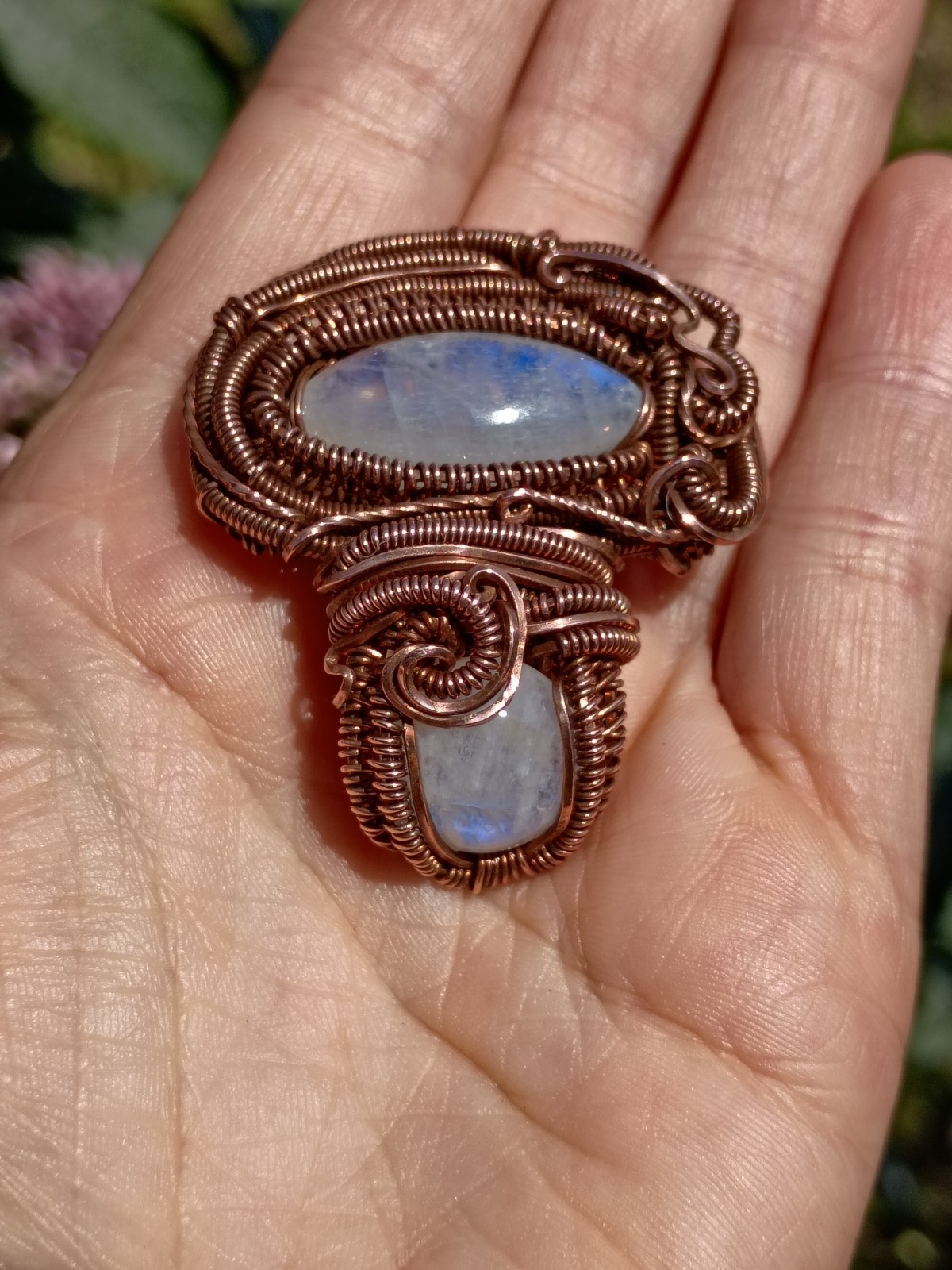 Moonstone Mushroom Pendant Copper Wirewrap Eyeball Handmade