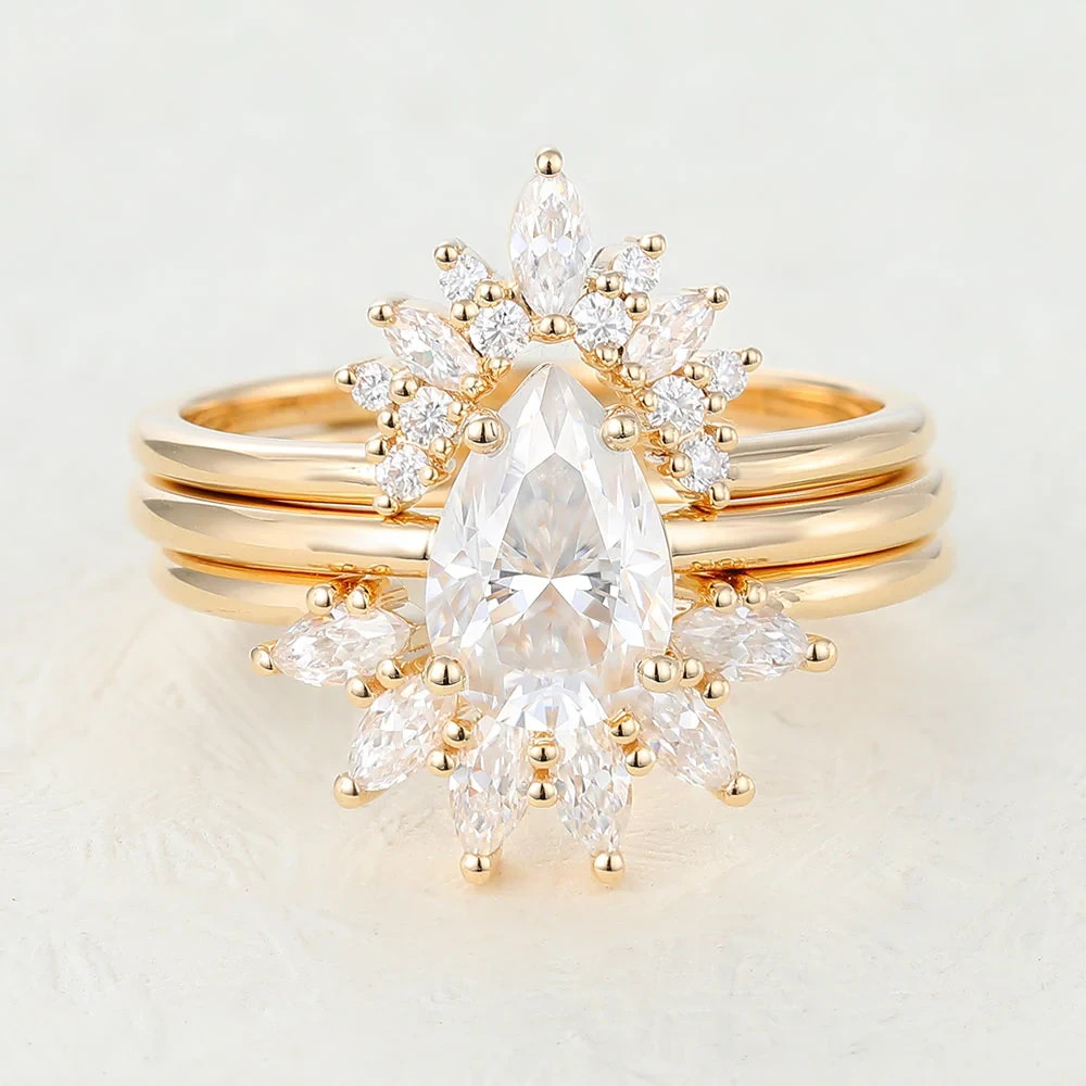 2CT Pear Lab Grown Diamond Solitaire Engagement Bridal Ring Set 14k Yellow Gold