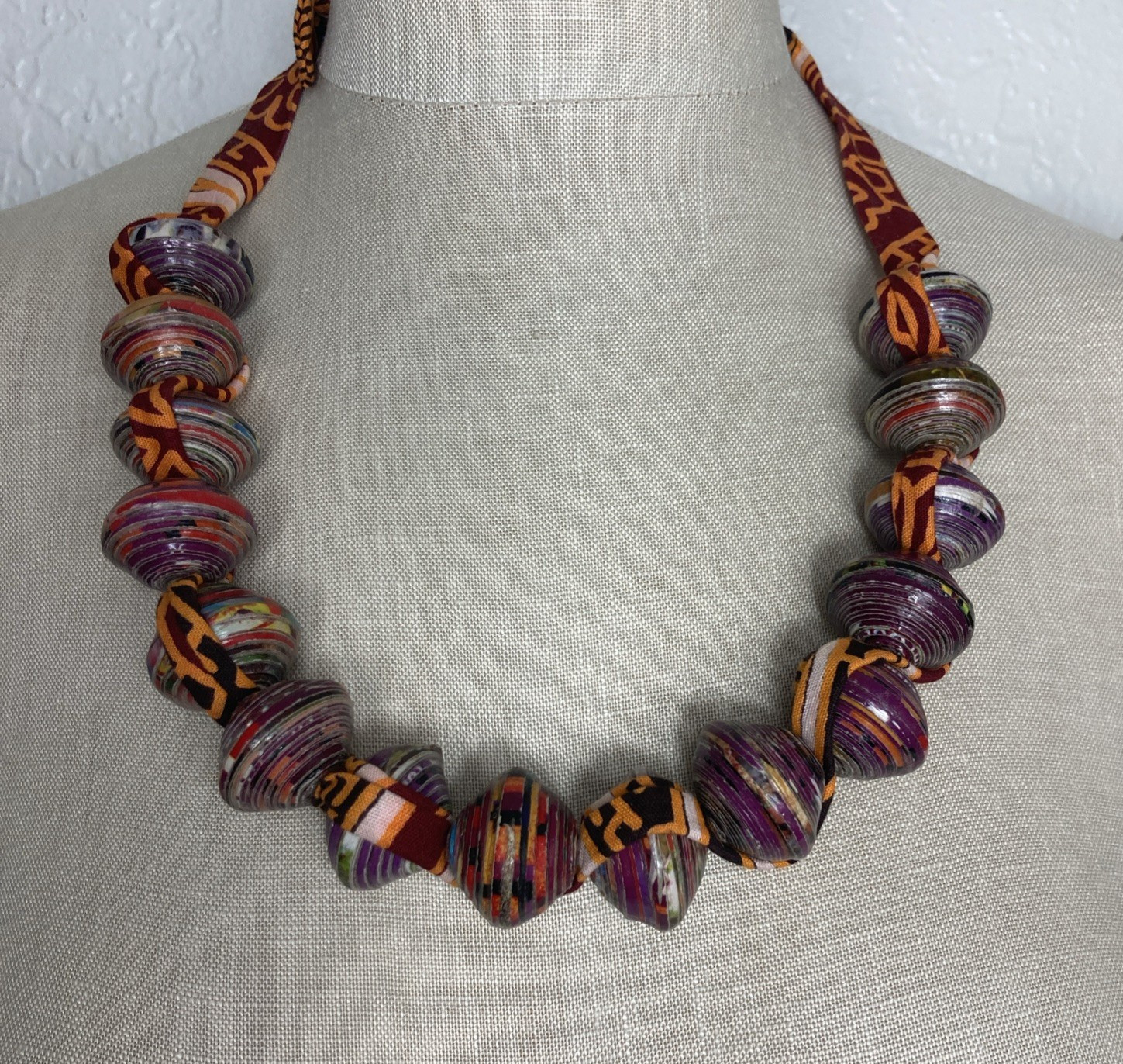 Artisan Rolled Paper Bead Necklace Fabric Chain Purple Orange Chunky Handmade