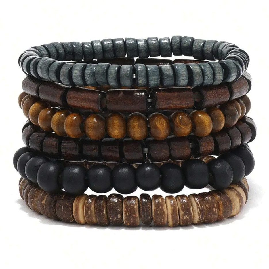 6PCS Wooden Beaded & Braided Leather Bracelets: Vintage Men’s Fashion Armband
