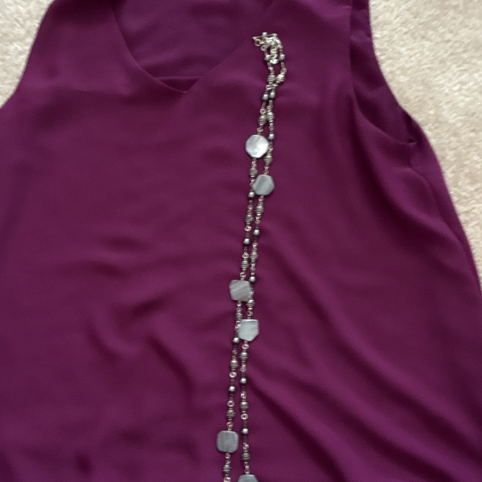 Silver Tone Multi-Strand Beaded Chain Necklace, Gray Square Stone Beads, Lobster