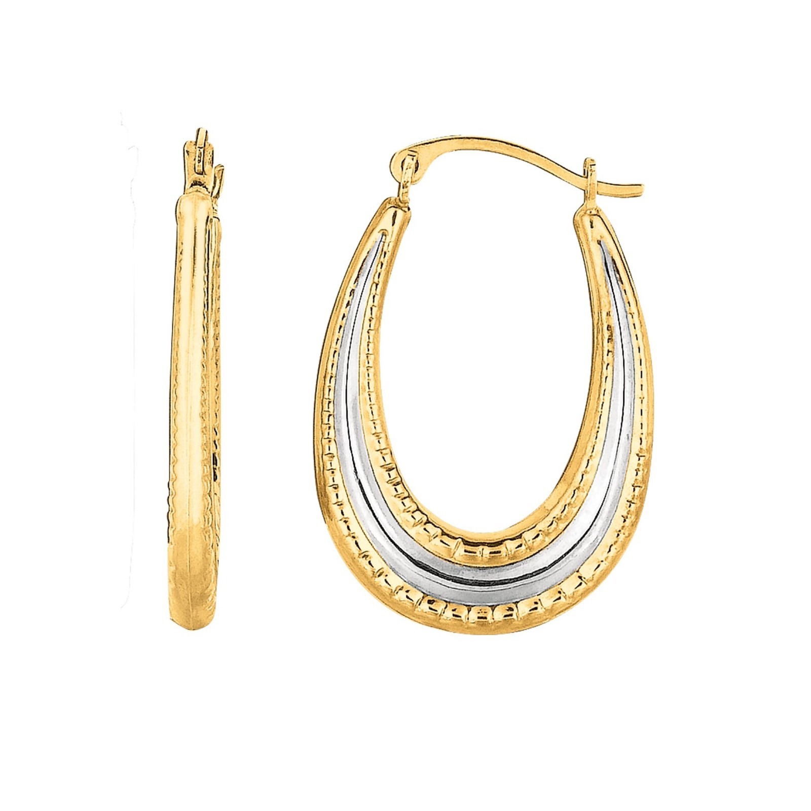 Graduated Diamond Cut Textured Hoop Earrings REAL 10K Yellow White 2-Tone Gold
