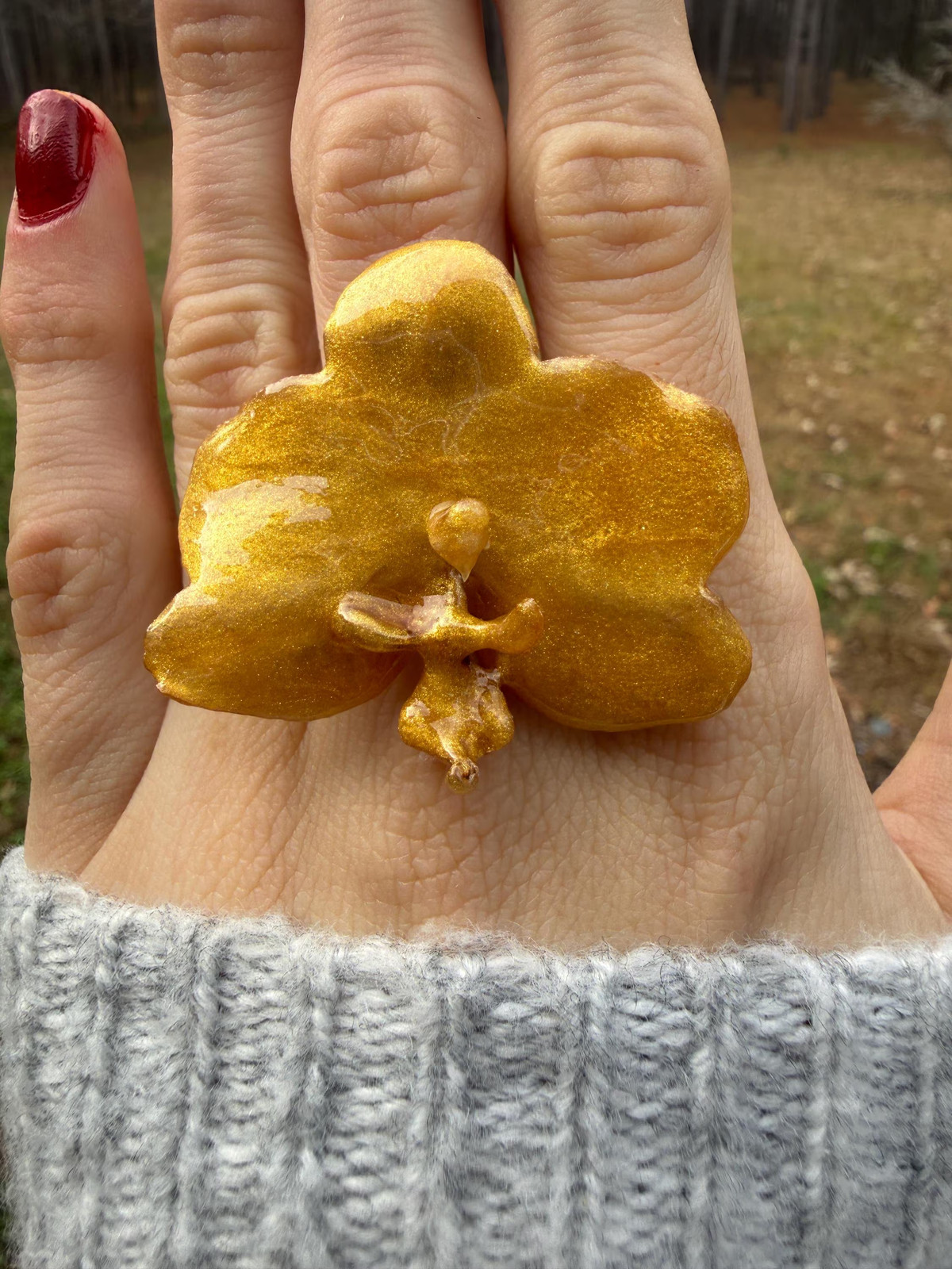 Real Orchid Resin Ring | Preserved Flower | Adjustable Gold Tone Band