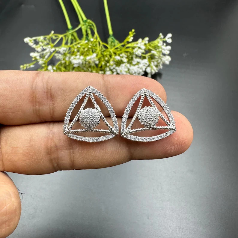 Geometric Triangle CZ Stud Earrings Silver Minimalist Women Fashion Jewelry