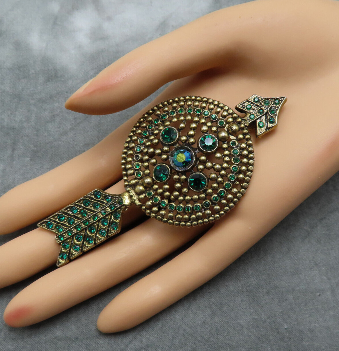 Antique Rhinestone Brooch Arrow Emerald Green Crystal 3.75 in OOAK Vintage 263f