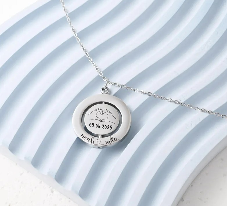 Custom Engraved Spinning Circle Rotatable Pendant –Personalized Gift Him Her