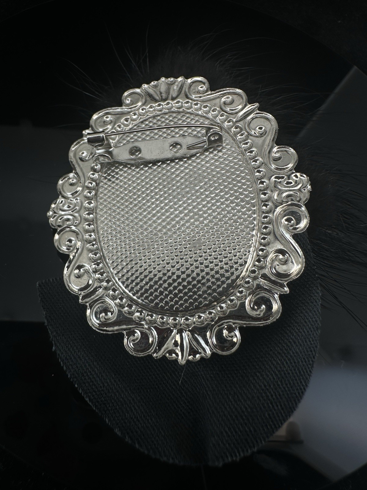 VTG Lady Face Brooch Pin Black Fur Feather Hat Faux Pearls Art Deco Statement